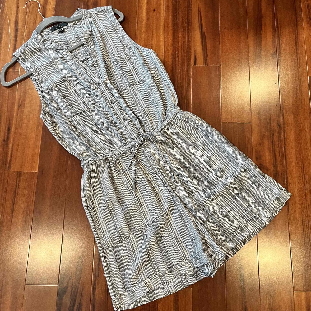 Kelly Renée Dark Gray White‎ Romper Linen Blend Stripe Pockets Sleeveless Size S